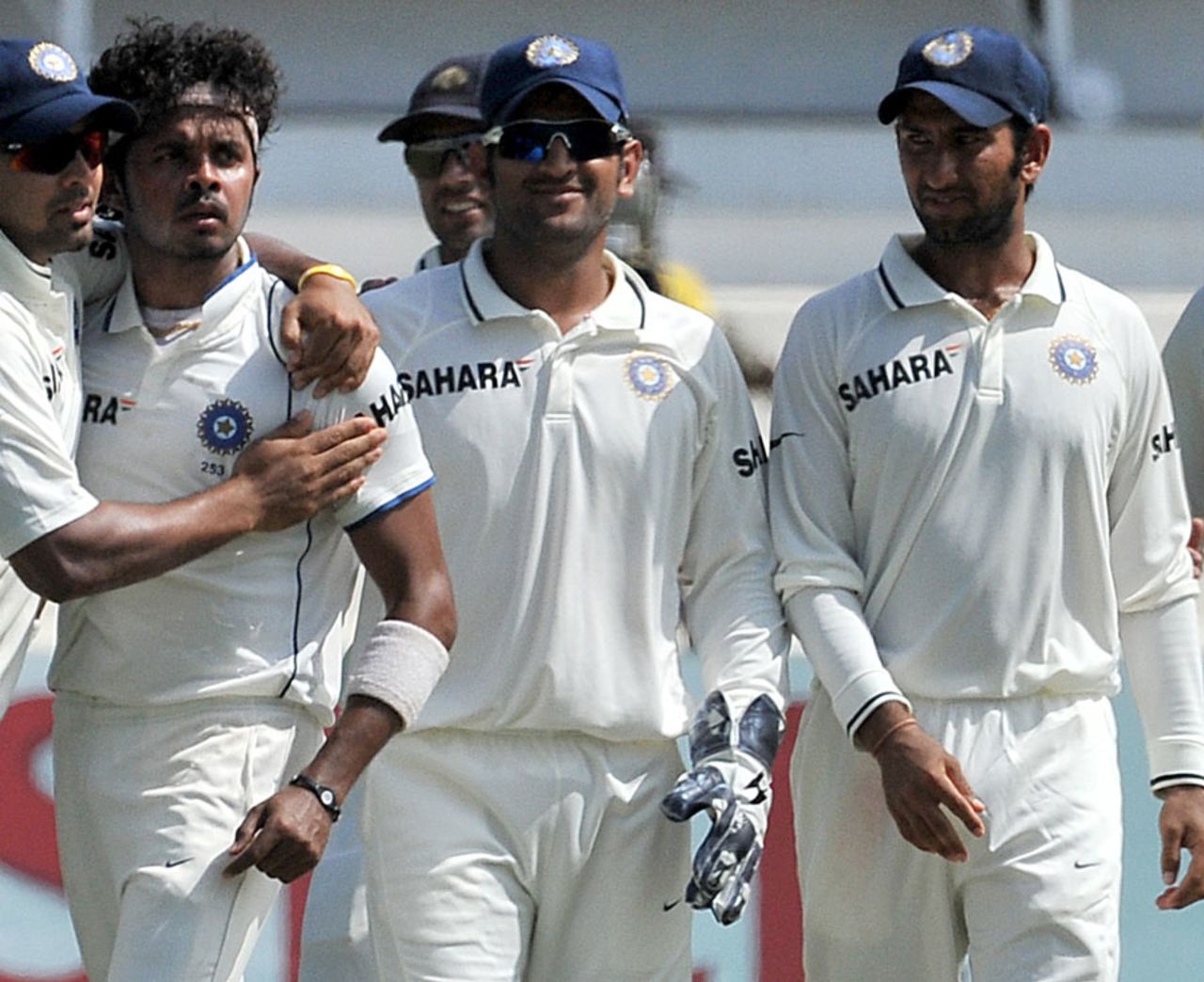 Sreesanth is congratulated by his team-mates on removing Graeme Smith, South Africa v India, 2nd Test, Durban, 3rd day, December 28, 2010