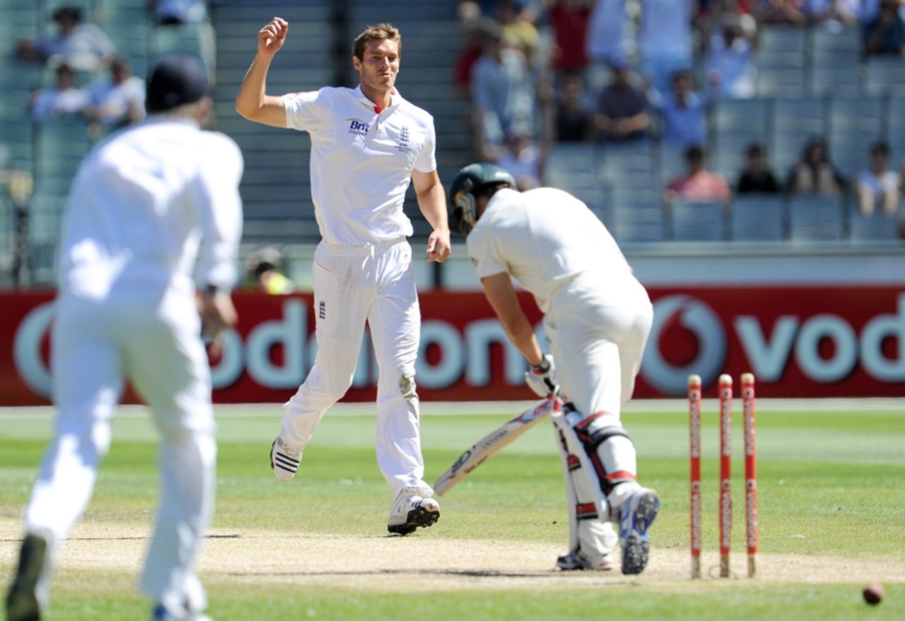Chris Tremlett celebrates an early wicket in Melbourne, Australia v England, 4th Test, Melbourne, 4th day, December 29, 2010