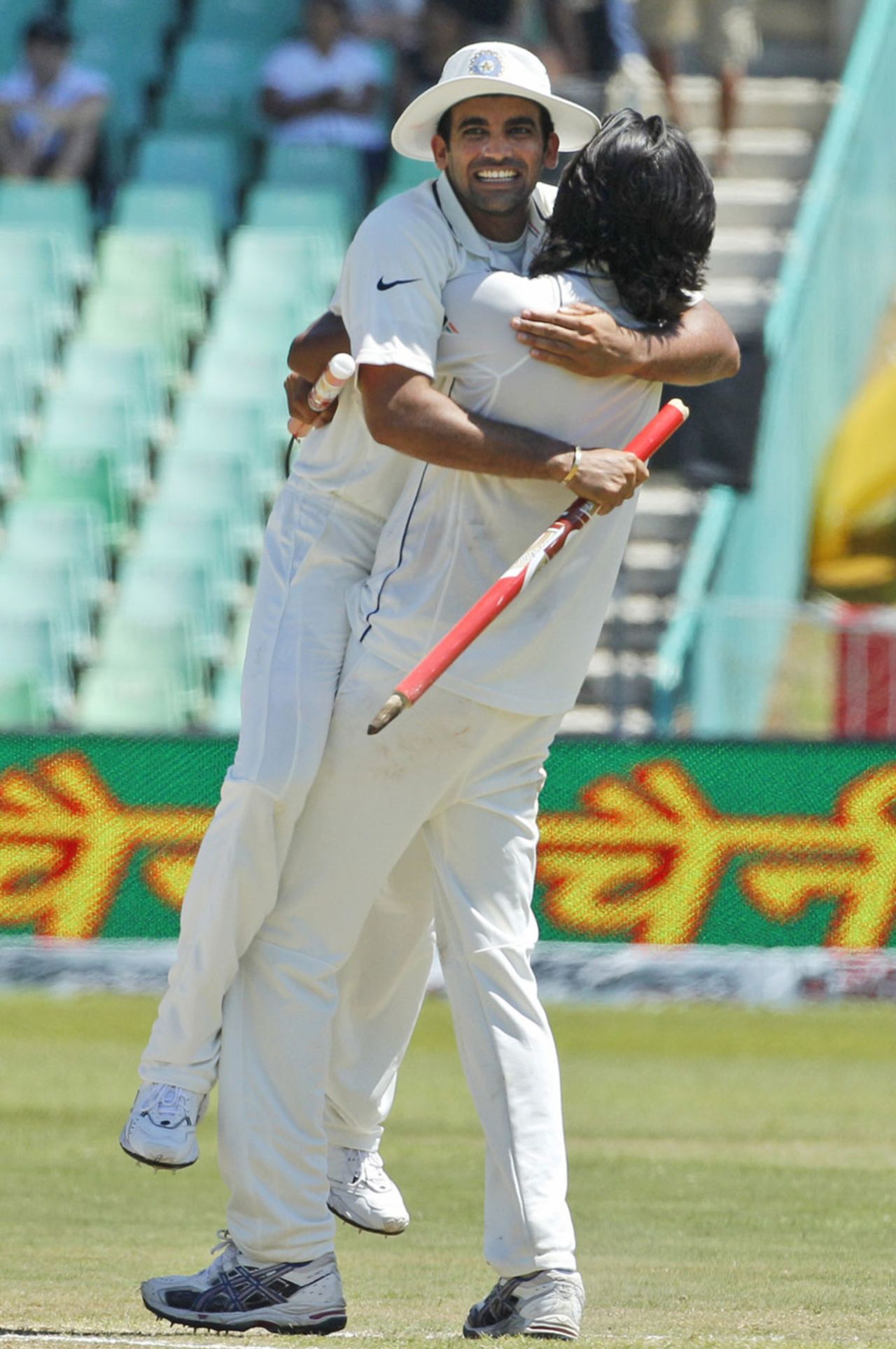 Zaheer Khan and Ishant Sharma celebrate India's series-levelling win, South Africa v India, 2nd Test, Durban, 4th day, December 29, 2010