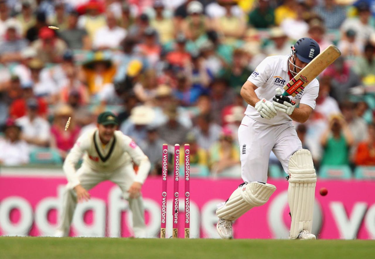 Andrew Strauss is bowled after making a brisk 60, Australia v England, 5th Test, Sydney, 2nd day, January 4, 2011