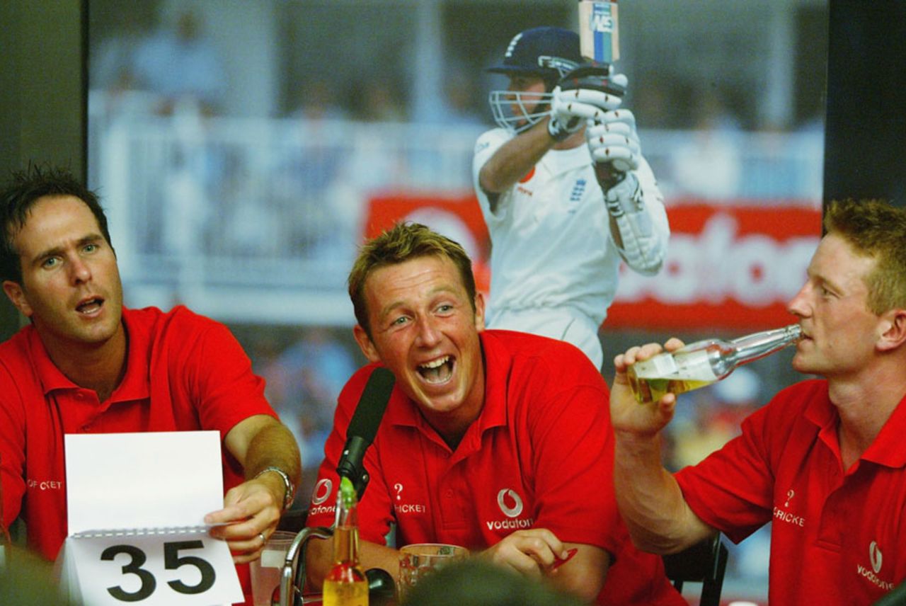 Michael Vaughan, Robert Croft and Paul Collingwood take part in a quiz at the Cricket Café, Colombo, November 28, 2003