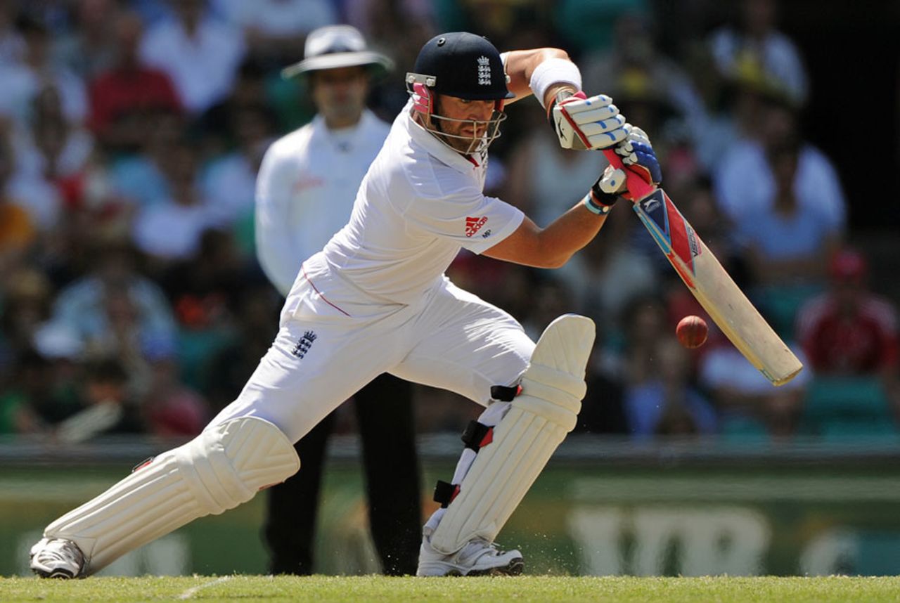 Matt Prior drives through off during his 118, Australia v England, 5th Test, Sydney, 4th day, January 6, 2011