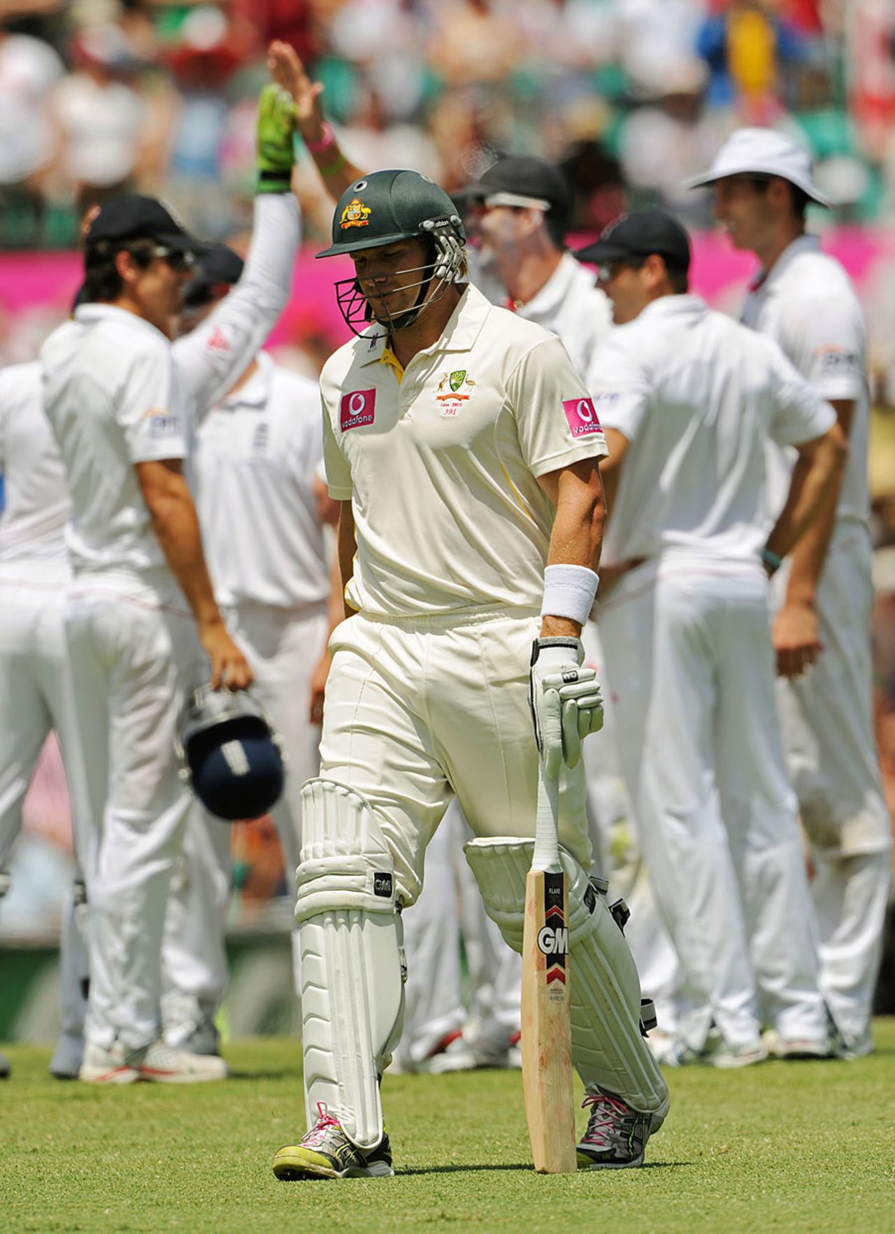 After making 38 off 40 balls Shane Watson was run out in a mix-up with Phil Hughes , Australia v England, 5th Test, Sydney, 4th day, January 6, 2011
