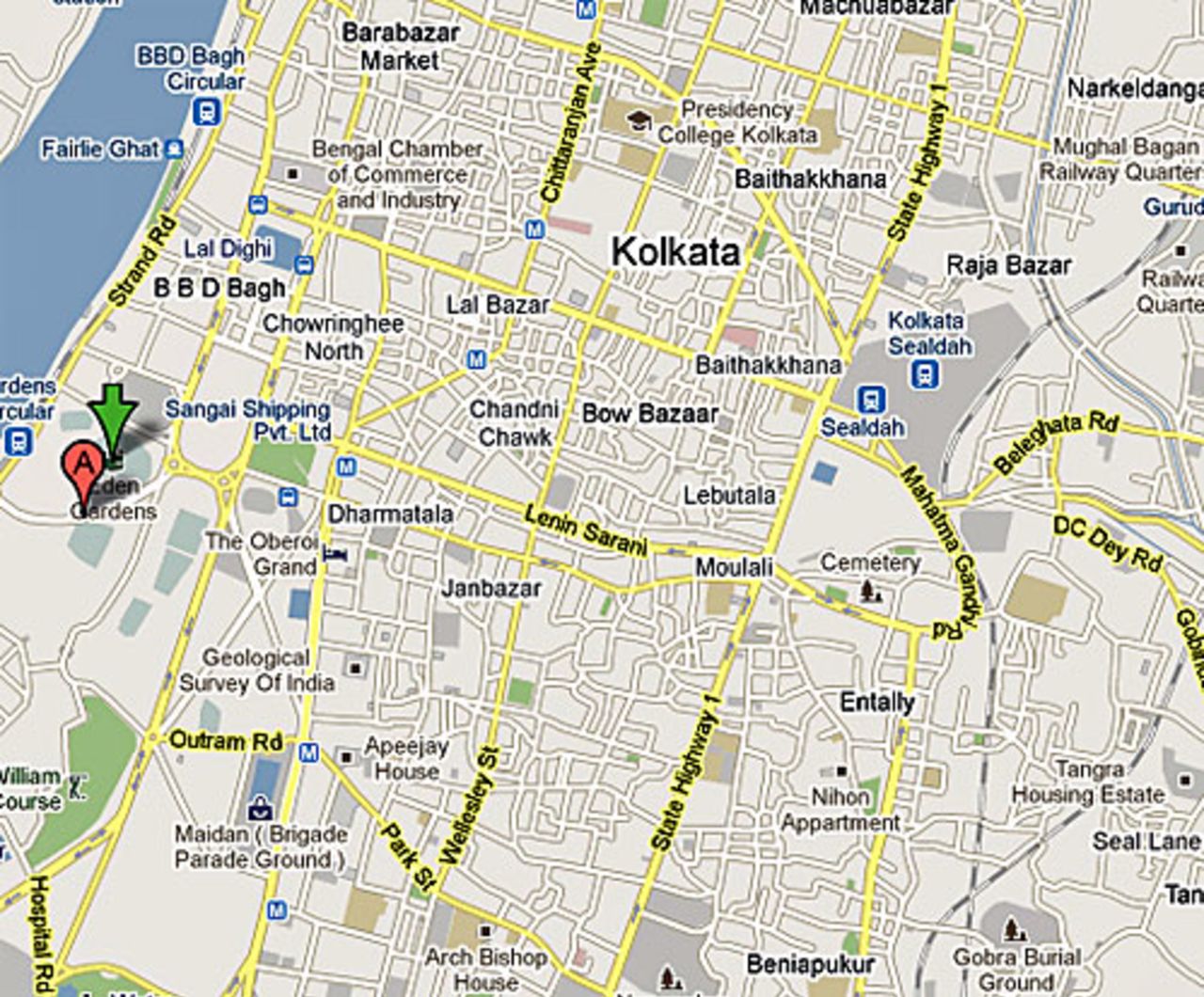 A Google map of the area around Eden Gardens, Kolkata