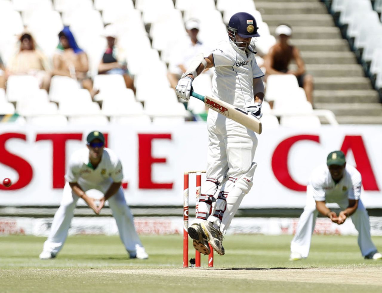 Gautam Gambhir jumps as he defends a short ball, South Africa v India, 3rd Test, Cape Town, 5th day, January 6, 2011