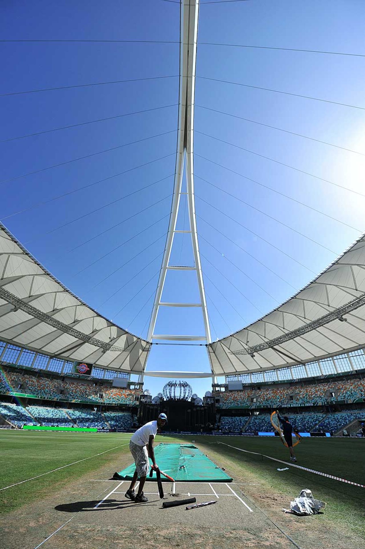 Stumps being laid at the Moses Mabhida Stadium, Durban, January 8, 2010