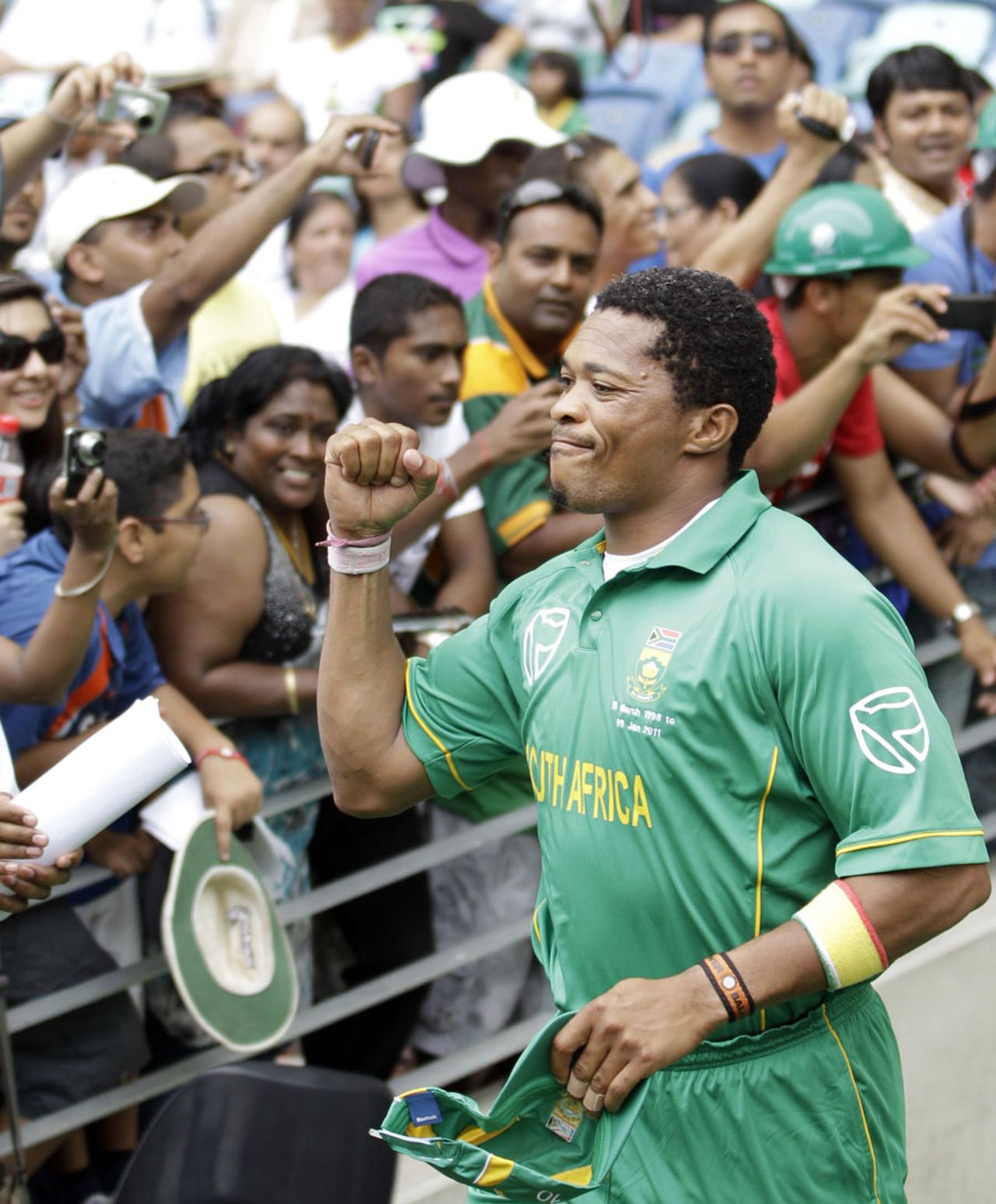 Makhaya Ntini walks on to the field for his last international game, South Africa v India, only Twenty20, Durban