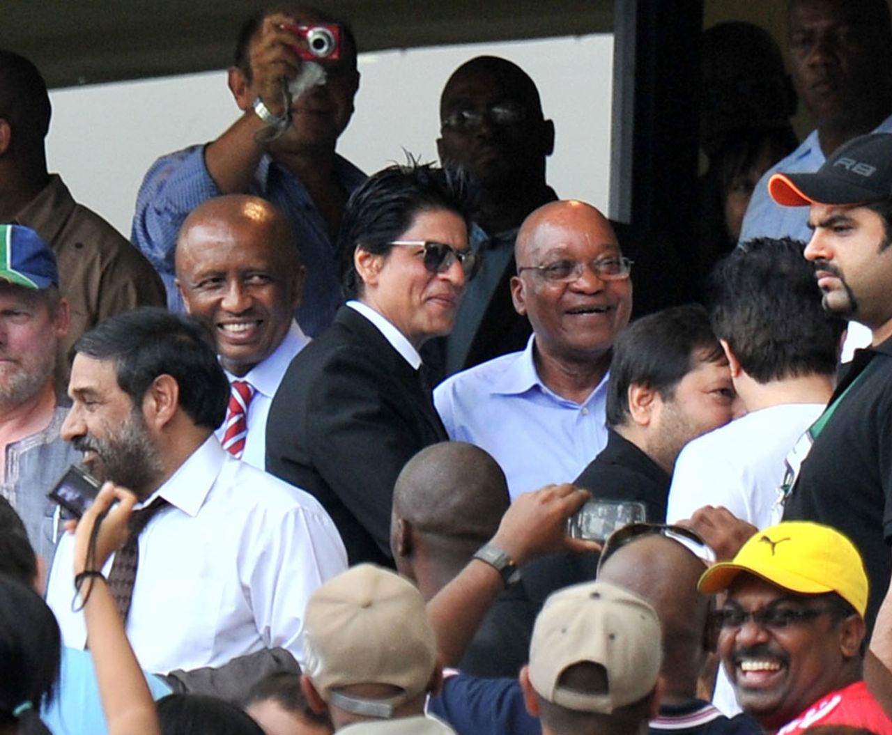 Indian actor Shahrukh Khan and South African President Jacob Zuma at the Moses Mabhida Stadium, South Africa v India, only Twenty20, Durban