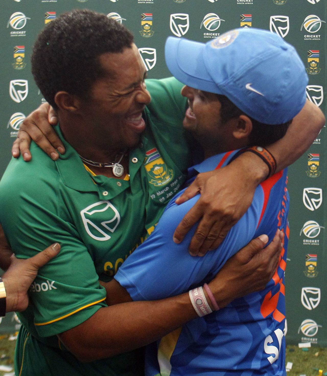Former Chennai Super Kings team-mates Makhaya Ntini and Suresh Raina embrace, South Africa v India, only Twenty20, Durban