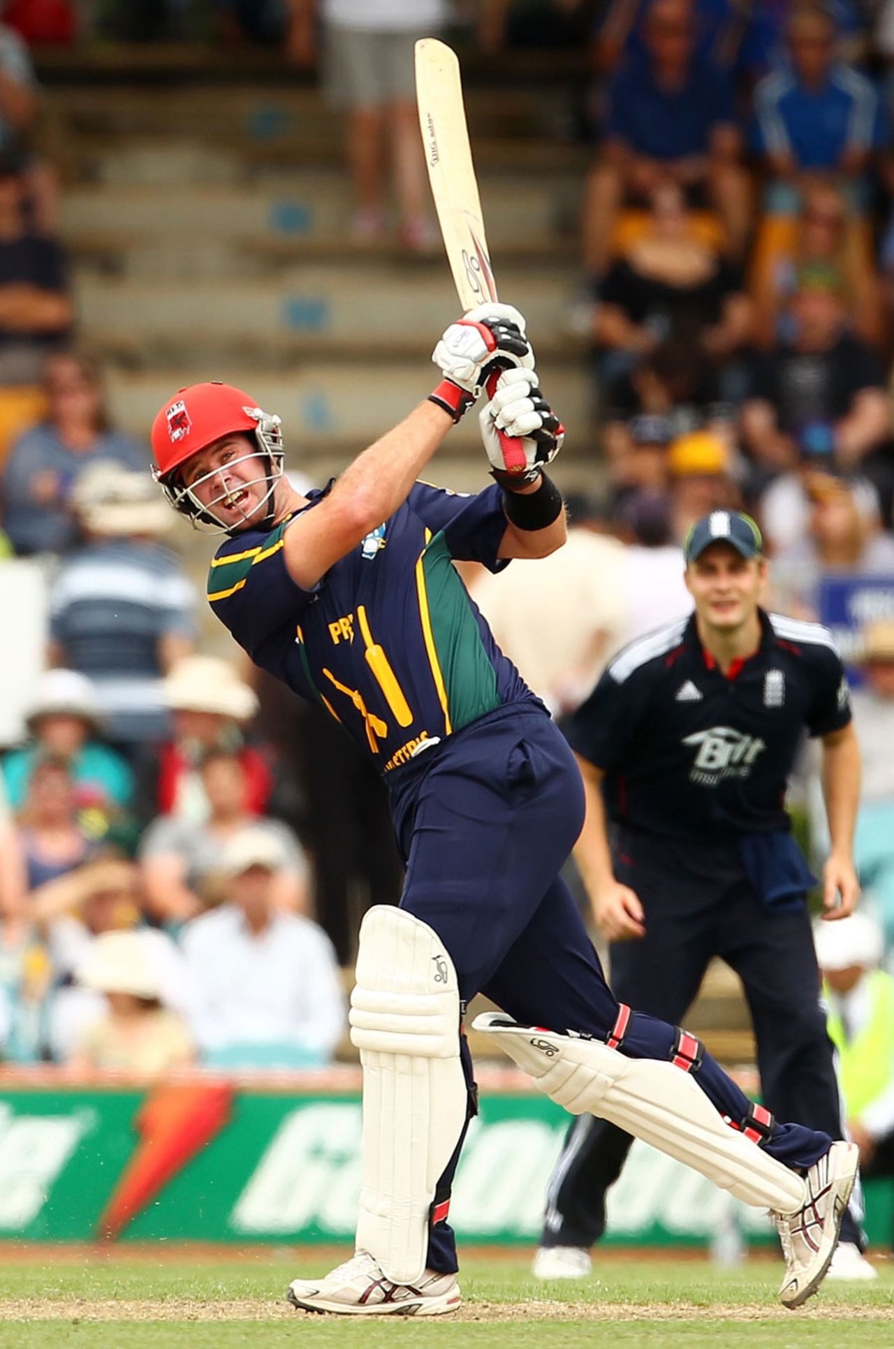 Daniel Christian heaves one through the leg side, Prime Minister's XI v England, Canberra, January 10, 2011