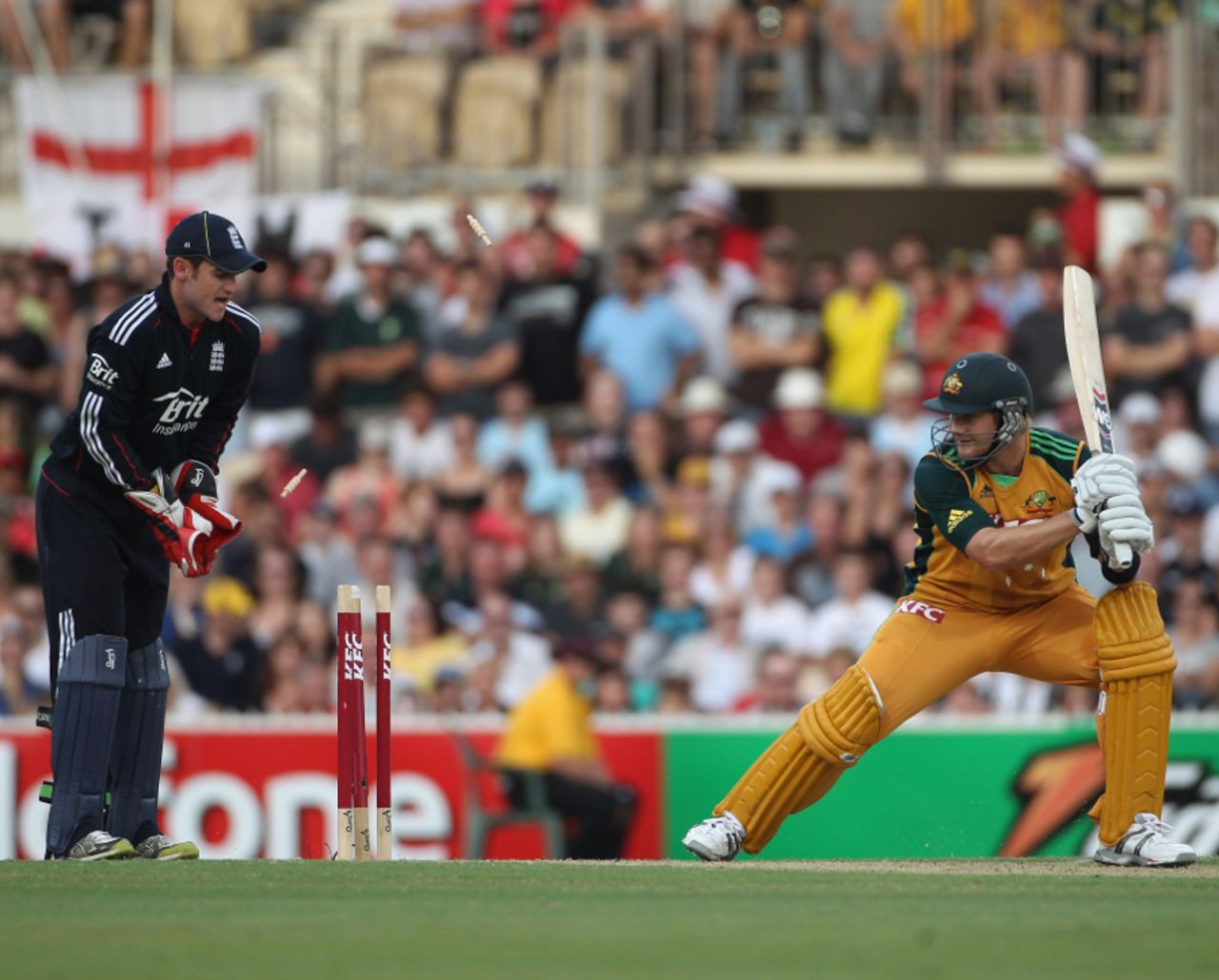 Shane Watson raced to fifty before he was bowled by Michael Yardy, Australia v England, 1st Twenty20, Adelaide, January 12, 2011