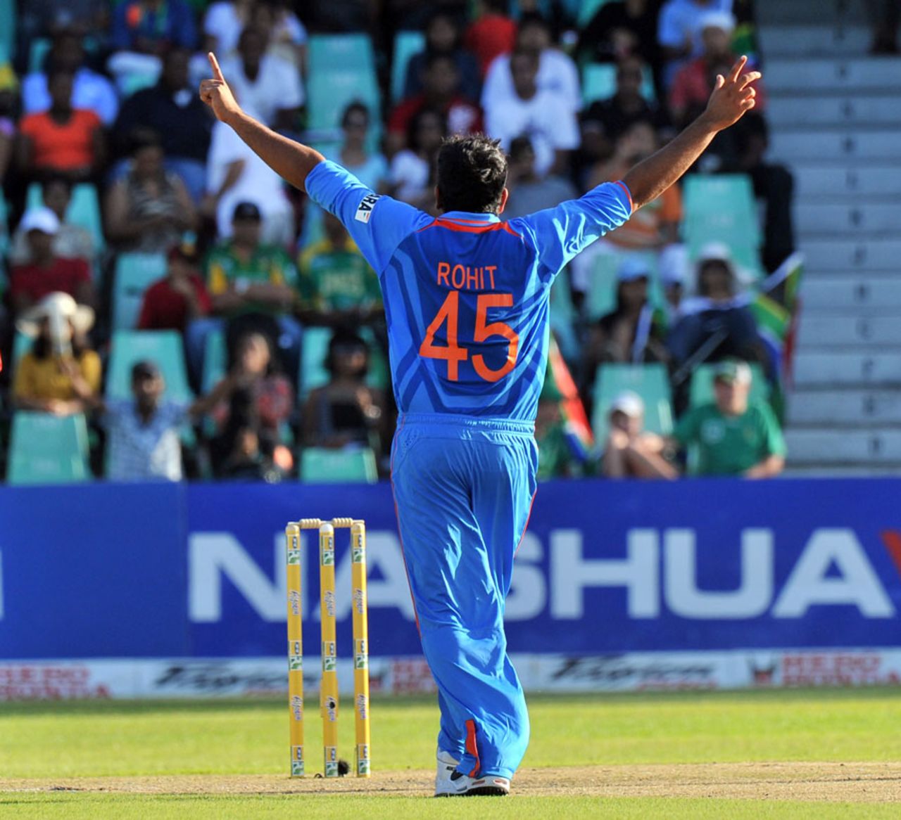 Rohit Sharma plays to the crowd after his second wicket, South Africa v India, 1st ODI, Durban, January 12, 2011