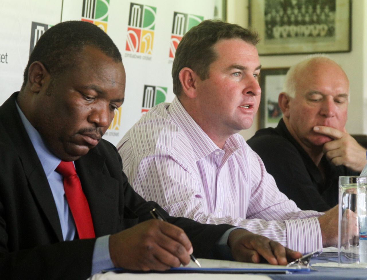 Chairman of selectors Alistair Campbell, coach Alan Butcher and team manager Lovemore Banda at the announcement of Zimbabwe's World Cup squad, Harare, January 12, 2011