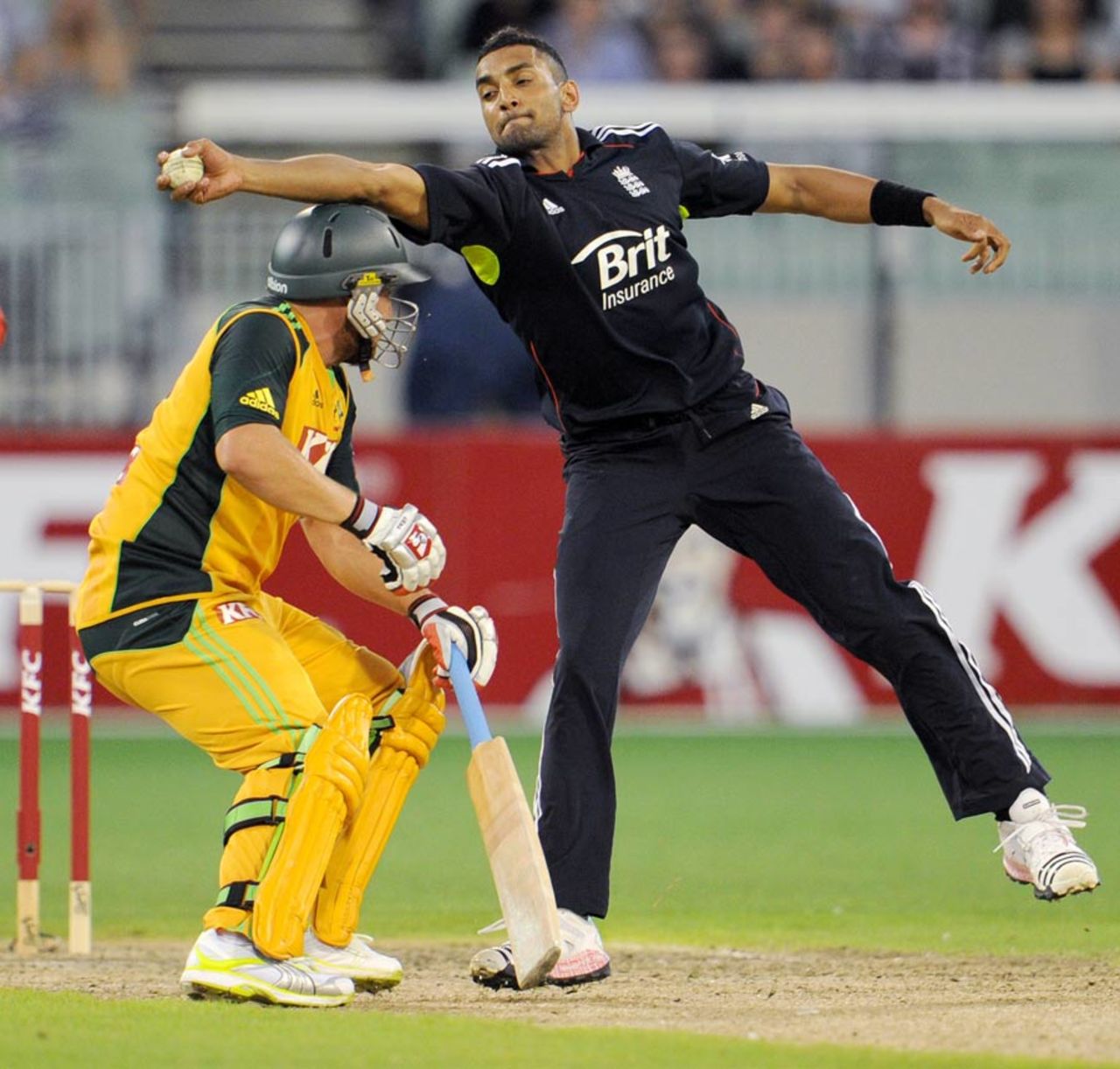Ajmal Shahzad fields off his own bowling, Australia v England, 2nd Twenty20, Melbourne, January 14, 2011