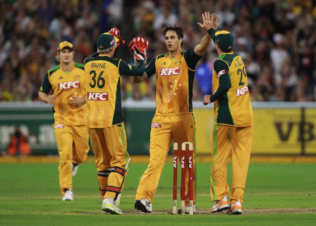 Mitchell Johnson claimed two wickets in an over to derail England's solid start, Australia v England, 2nd Twenty20, Melbourne, January 14, 2011