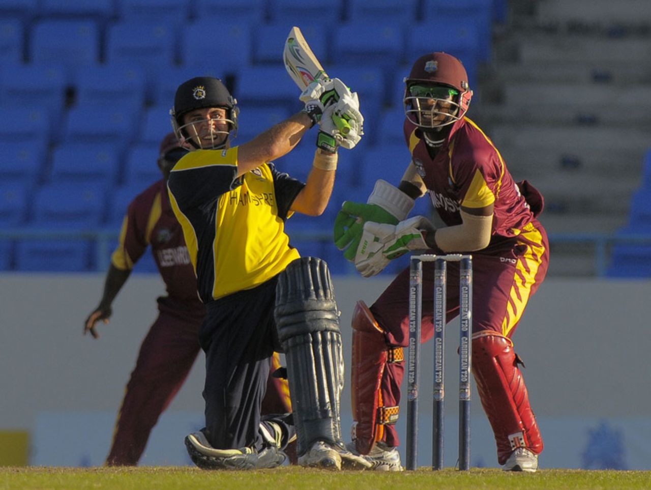 Johann Myburgh hits one of three consecutive sixes, Hampshire v Leeward Islands, Antigua, Caribbean T20, January 15, 2011 