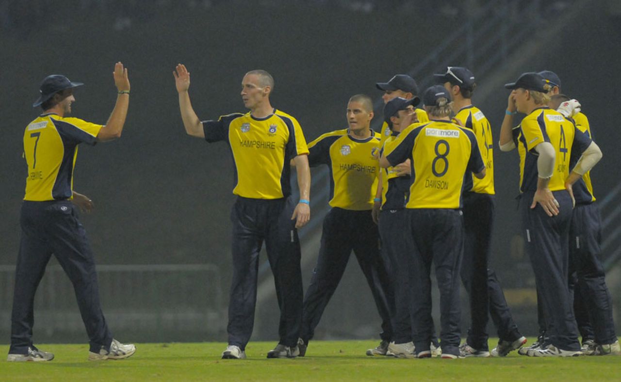 Simon Jones celebrates one of his three wickets, Hampshire v Leeward Islands, Antigua, Caribbean T20, January 15, 2011 