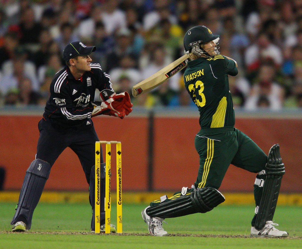 Shane Watson hits one of four sixes during his match-winning knock, Australia v England, 1st ODI, Melbourne, January 16, 2010