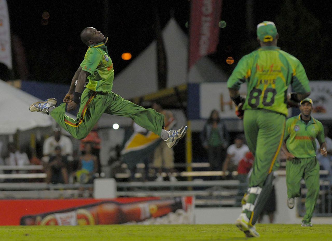 Nelon Pascal had plenty to celebrate as his three wickets secured a tense win, Guyana v Windward Islands, Barbados, Caribbean T20, January 18, 2011