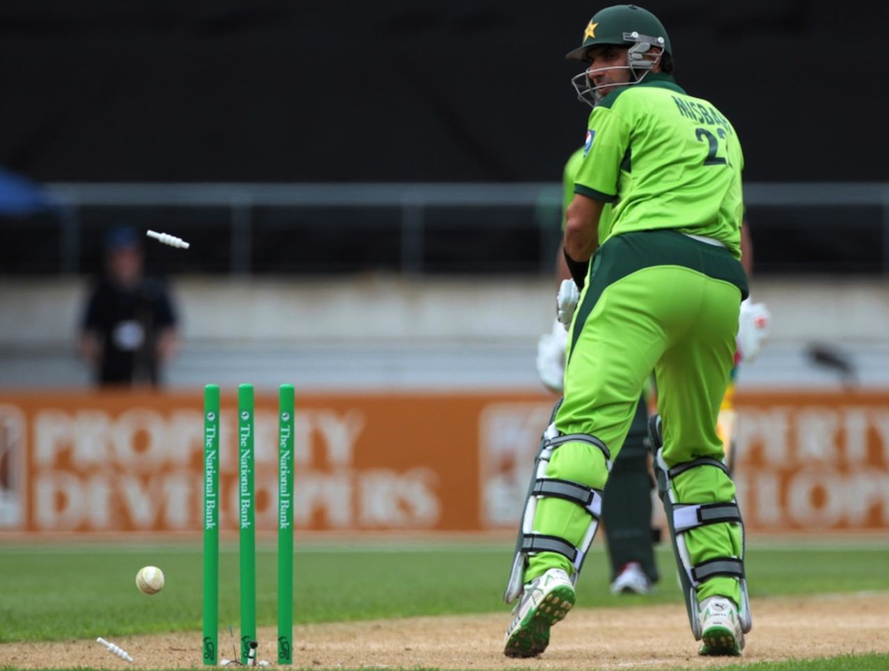 Misbah-ul-Haq was bowled for 50, New Zealand v Pakistan, 1st ODI, Westpac Stadium, Wellington, January 22, 2011