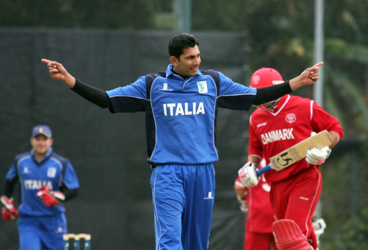 Dilan Fernando celebrates a Danish wicket, Denmark v Italy, WCL Division Three, Hong Kong Cricket Club, January 22, 2011