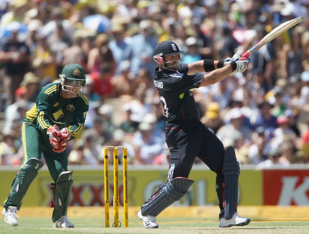 Matt Prior pulls during his aggressive half-century, Australia v England, 4th ODI, Adelaide, January 26, 2011