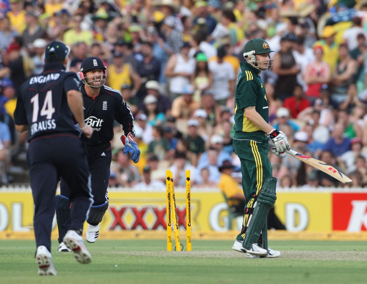 Michael Clarke made just 15 before he was bowled by Paul Collingwood, Australia v England, 4th ODI, Adelaide, January 26, 2011