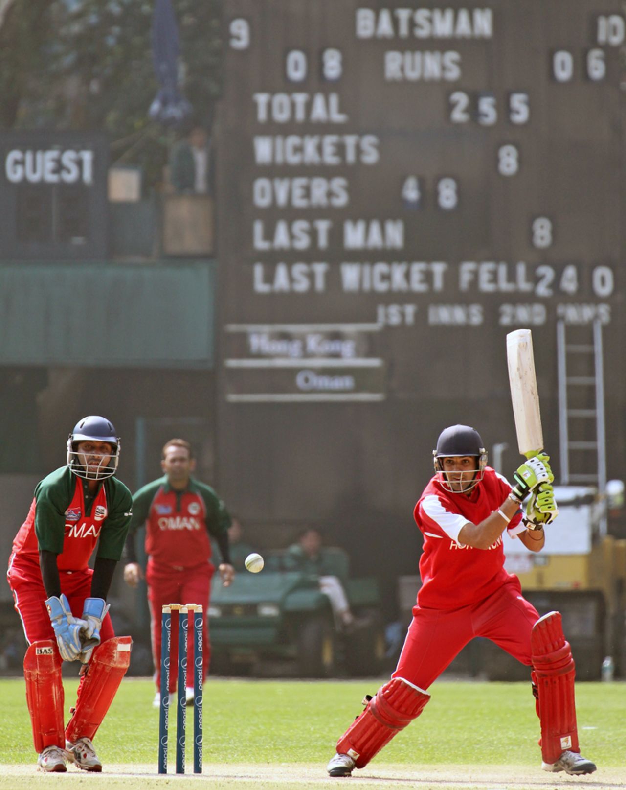 Waqas Barkat pushes the ball towards the off side during his innings against Oman in an ICC WCL Division 3 match played at Kowloon Cricket Club on 23rd January 2011