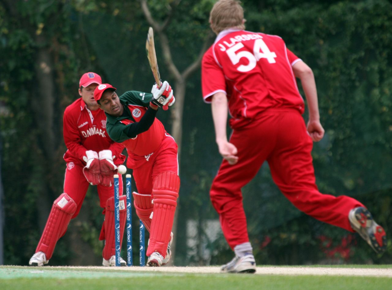 Jacob Larsen clean bowled Sultan Ahmed on his way to a four-wicket haul, Denmark v Oman, WCL Division Three, Kowloon, January 28, 2011