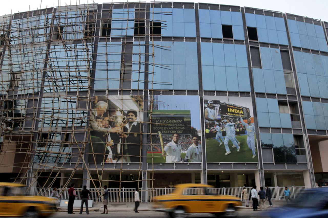 Scaffolding remains on the outside of Eden Gardens, Kolkata, January 28, 2011