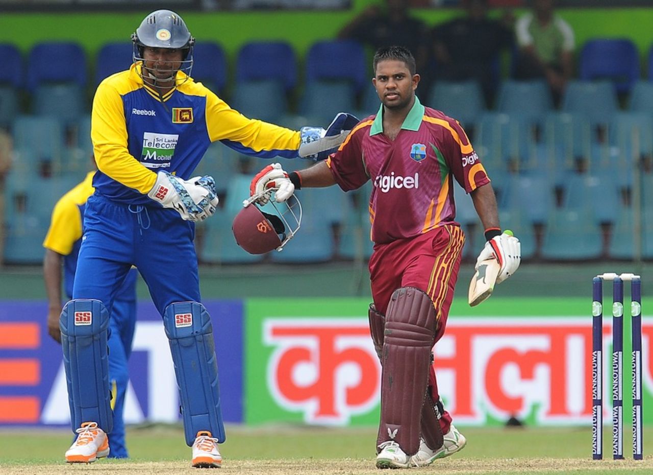 Kumar Sangakkara congratulates Adrian Barath, Sri Lanka v West Indies, 1st ODI, SSC, Colombo, January 31, 2011