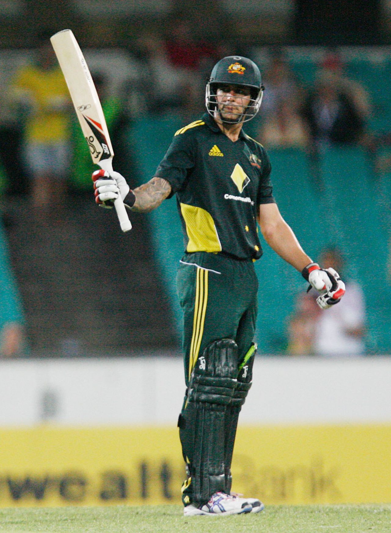 Mitchell Johnson celebrates his half-century batting at No. 4, Australia v England, 6th ODI, Sydney, February 2, 2011