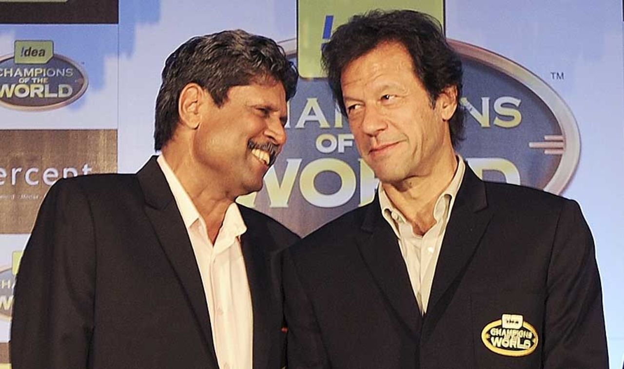 Kapil Dev and Imran Khan have a word at a promotional event in Mumbai, Mumbai, February 2, 2011