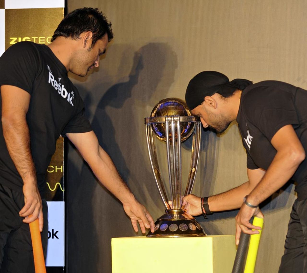MS Dhoni and Harbhajan Singh take a close look at the World Cup trophy, New Delhi, February 2, 2011