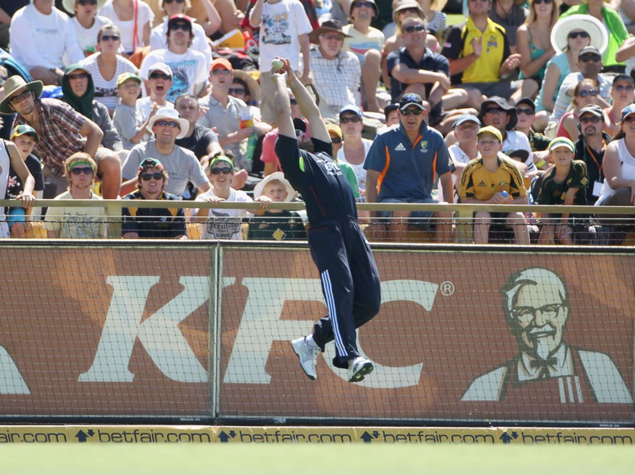 The unfamiliar sight of Matt Prior leaping to take a catch in the outfield, Australia v England, 7th ODI, Perth, February 6 2011
