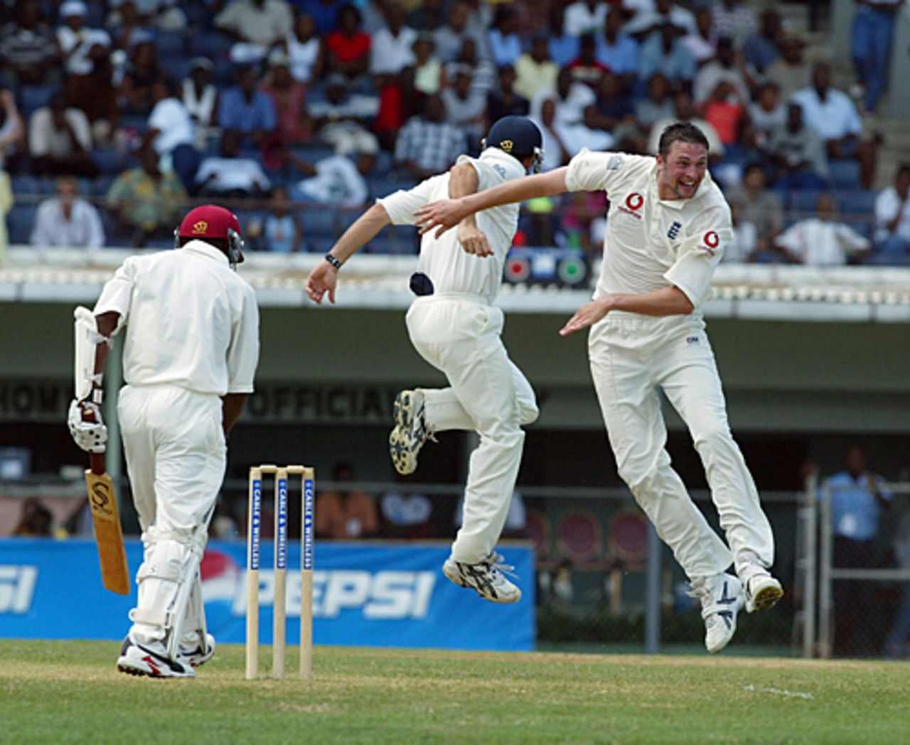 Steve Harmison celebrates his fifth wicket of the innings, of Tino Best, West Indies vs England, first Test, day four, Kingston, March 14, 2004