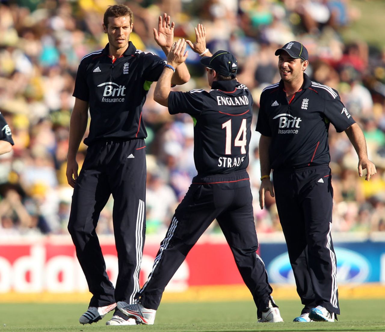 Chris Tremlett is congratulated on a wicket, Australia v England, 4th ODI, Adelaide, January 26, 2011