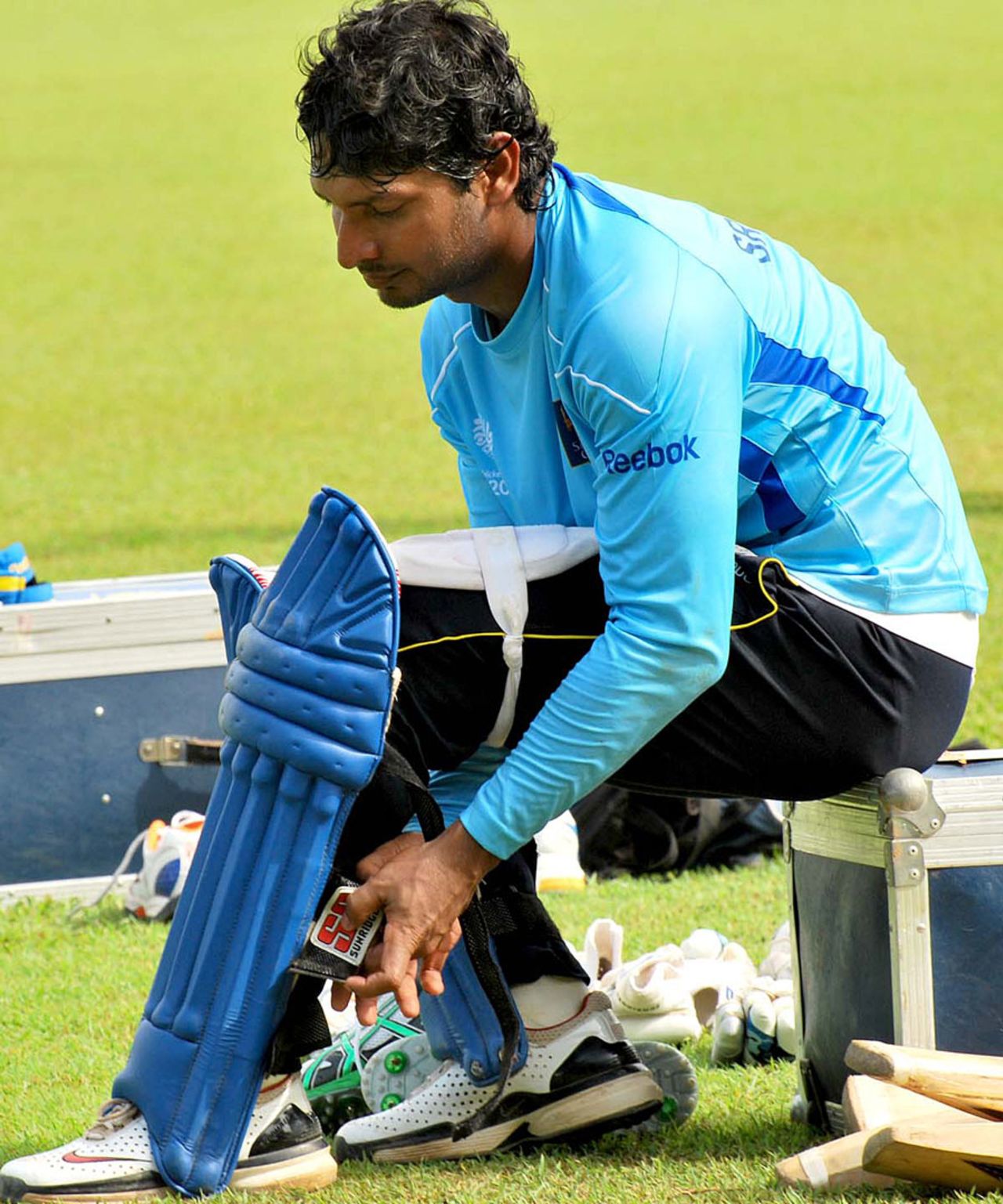 Kumar Sangakkara pads up for a nets session at the SSC, Colombo, February 9, 2011