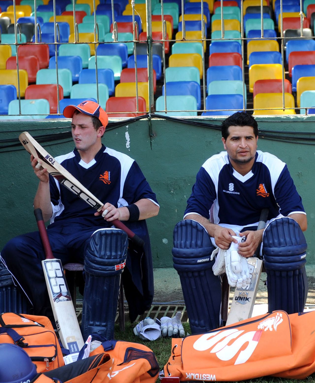 Wesley Barresi and Mudassar Bukhari of Netherlands await their turn in the nets at the SSC, Colombo, February, 11, 2011