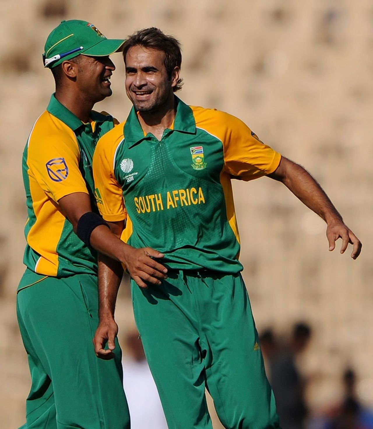Imran Tahir celebrates one of his three wickets, South Africa v Zimbabwe, World Cup warm-up match, Chennai, February 12, 2011