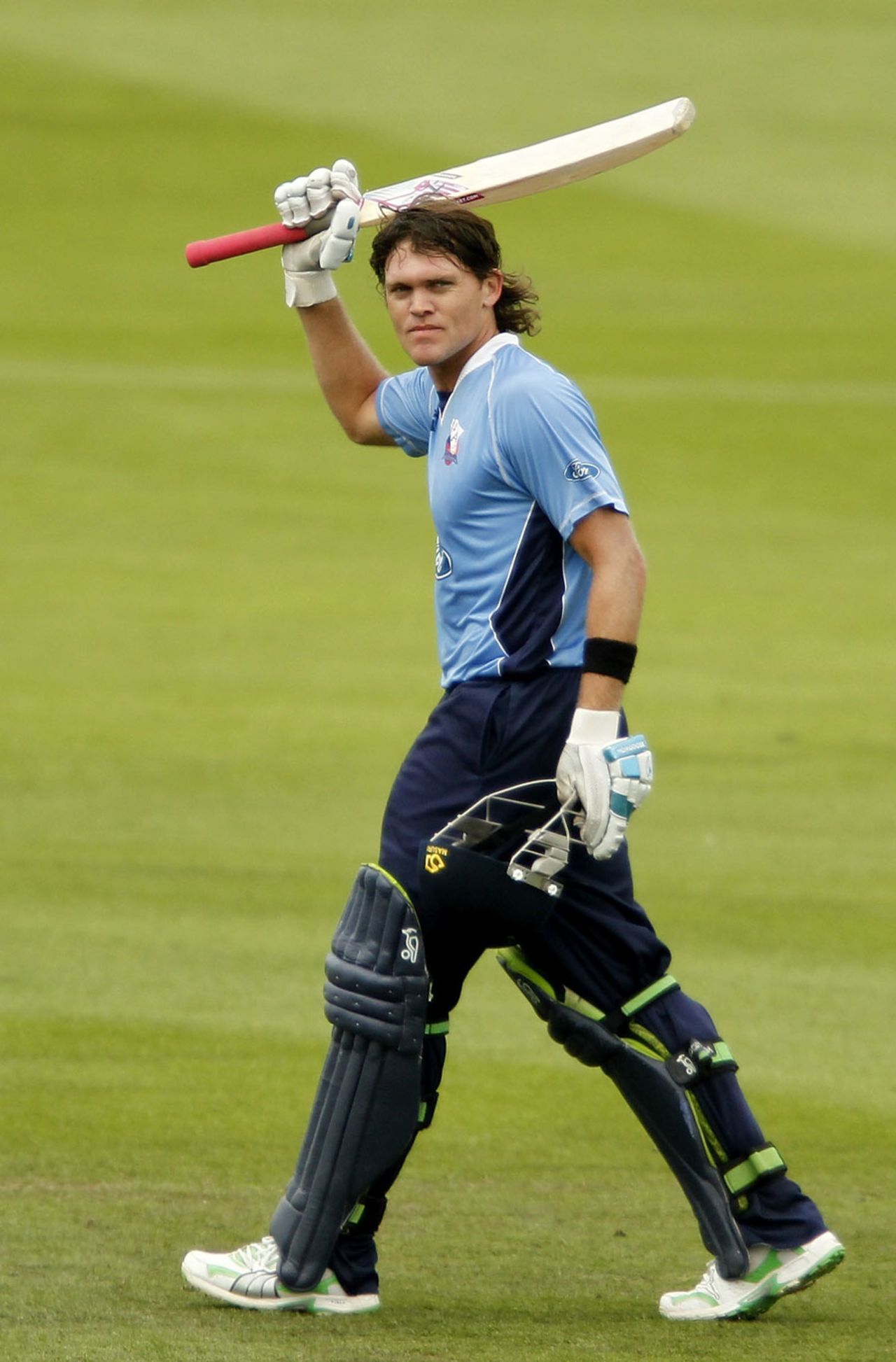Auckland Aces' Lou Vincent celebrates his century in the final of the New Zealand domestic one-day competition, Canterbury Wizards v Auckland Aces, Chirstchurch, February 13, 2011