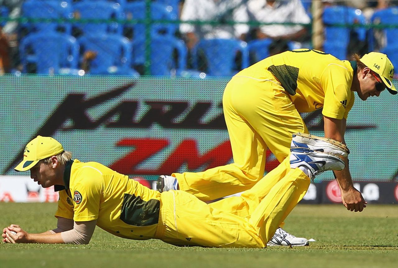 Cameron White takes a smart catch to send back Gautam Gambhir, India v Australia, World Cup warm-up match, Bangalore, February 13, 2011