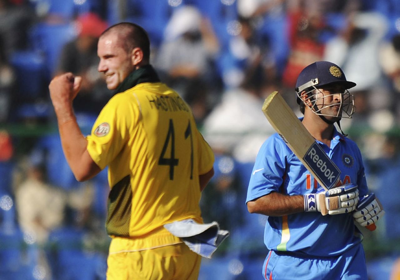 Johan Hastings reacts after bowling MS Dhoni, India v Australia, World Cup warm-up match, Bangalore, February 13, 2011