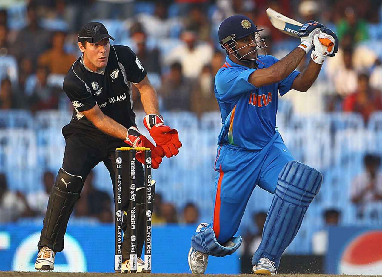 MS Dhoni smacks one over midwicket during his century, India v New Zealand, World Cup 2011 warm-up, Chennai, February 16, 2011