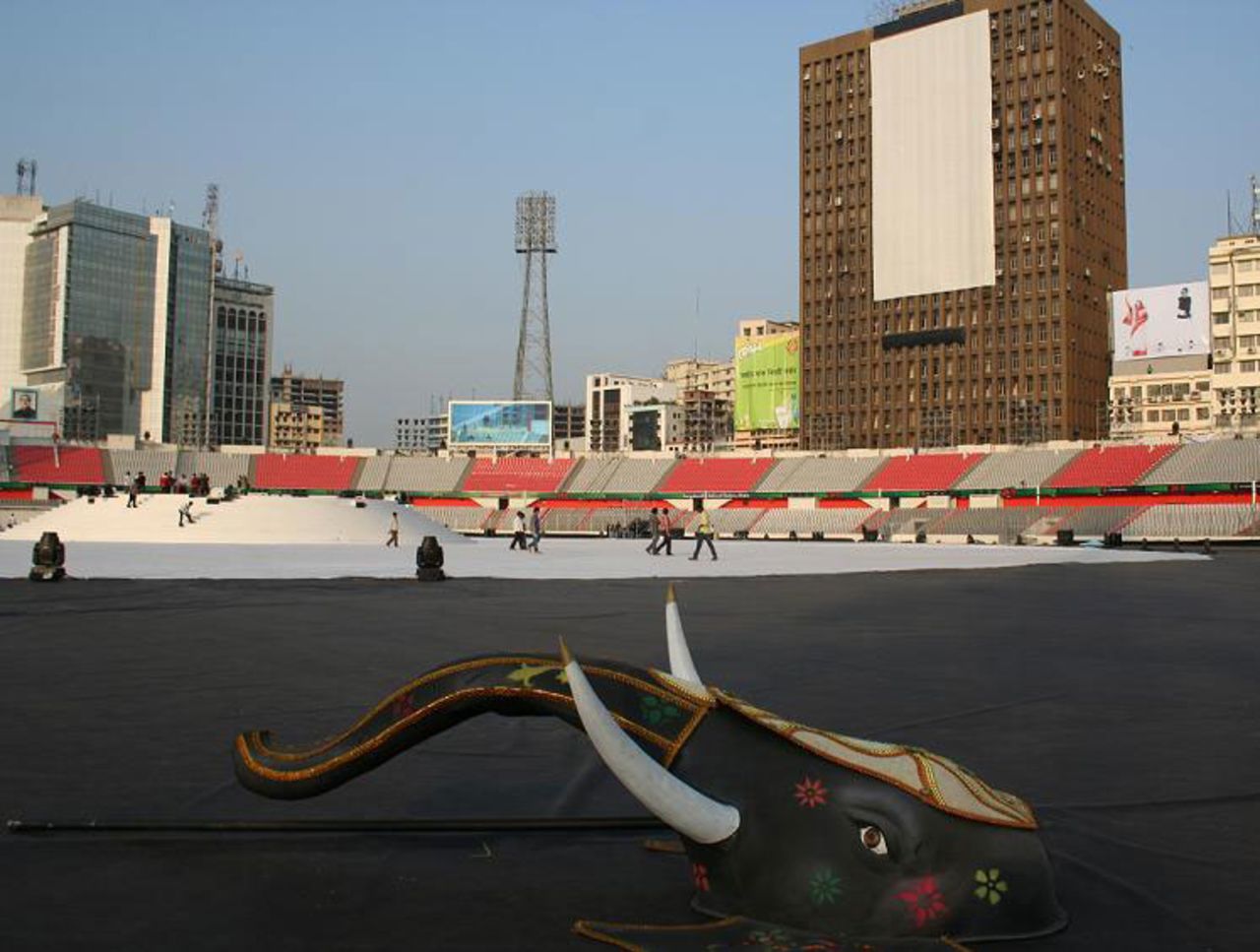 The Bangabandhu National Stadium prepares for Thursday's opening ceremony, Dhaka, February 16, 2011