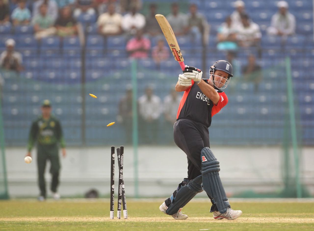 Andrew Strauss is bowled by Shoaib Akhtar, England v Pakistan World Cup warm-up match, Fatullah, February 18, 2011