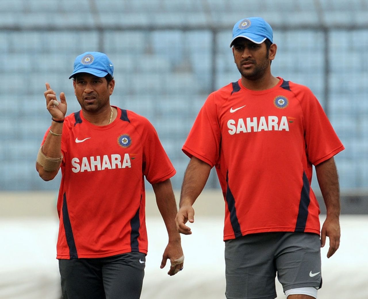 Sachin Tendulkar and MS Dhoni have a word on the eve of the opening game of the World Cup, Shere Bangla Stadium, Mirpur, February 18, 2011