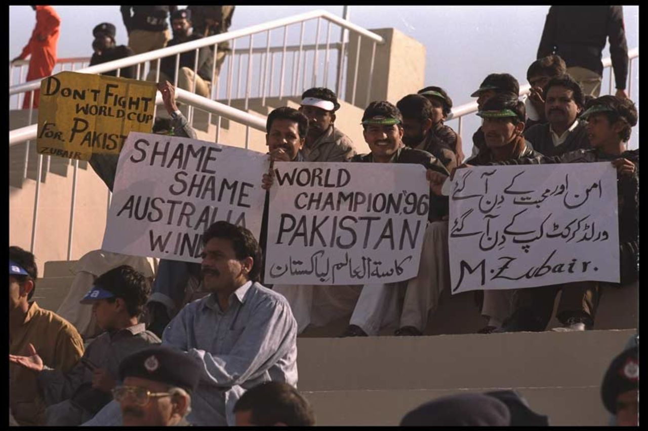 Pakistani spectators protest Australia and West Indies' boycott of their matches in Sri Lanka, South Africa v UAE, World Cuo, February 15, 1996