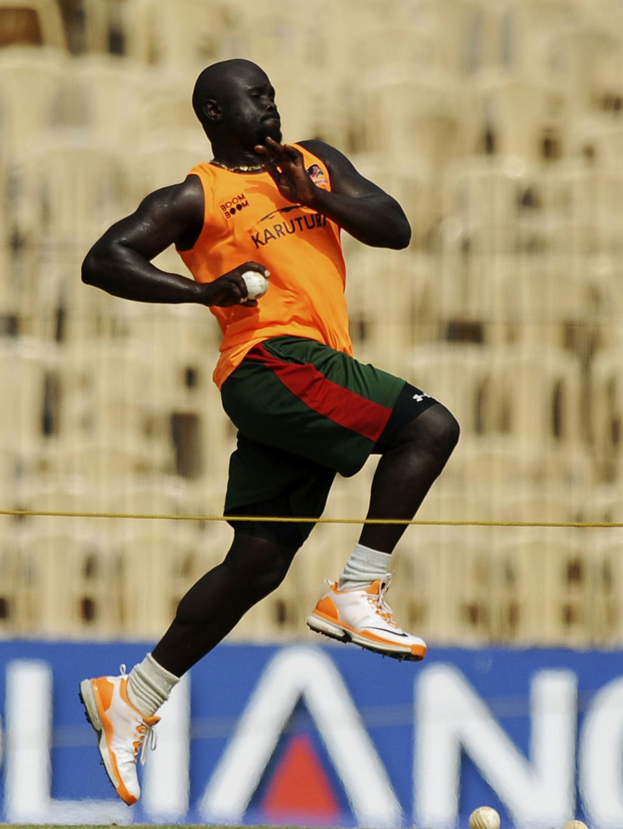 Thomas Odoyo bowls at a training session on the eve of Kenya's opening World Cup match, Chennai, February 19, 2011