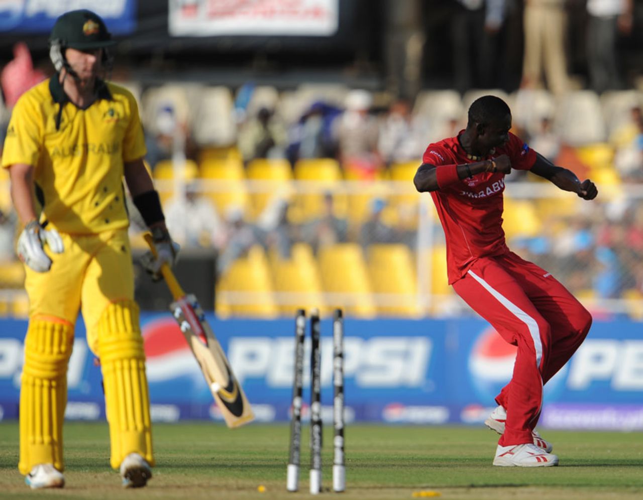 Chris Mpofu celebrates dismissing Cameron White, Australia v Zimbabwe, Group A, World Cup 2011, Ahmedabad, February 21, 2011